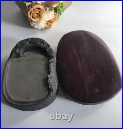 Chinese Art Duange Inkstone Cloud Dragon Sculpture Stone Eye Boxed #KU1097