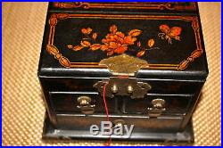 Chinese Asian Jewelry Box With Drawers Mirror-Dragons Birds Handles-3 Drawers