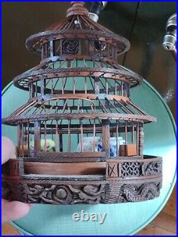 Chinese Bamboo Hand Carved Bird Cage porcelain dish dragon hanging Temple
