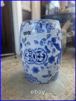 Chinese Blue And White Garden Stool Drum Stand Dragon Phoenix 18 Barrel