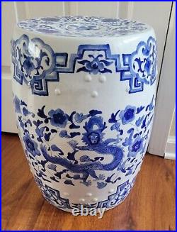 Chinese Blue And White Garden Stool Drum Stand Dragon Phoenix Large 18 Barrel