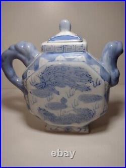 Chinese Blue White Octagonal Tea Pot Foo Dog Dragon