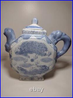 Chinese Blue White Octagonal Tea Pot Foo Dog Dragon