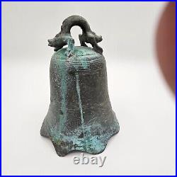 Chinese Bronze Bell with Incised Decoration Temple Bell Dragon Handle