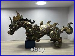 Chinese Bronze Dragon Figure Inlays Gold&silver Gems Crawling Dragon Statues