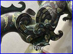 Chinese Bronze Dragon Figure Inlays Gold&silver Gems Crawling Dragon Statues