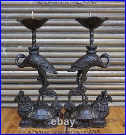 Chinese Bronze Dragon Turtle Crane Statue Ancient Candlesticks Candleholder Pair