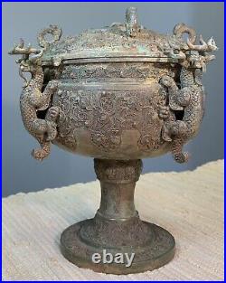 Chinese Bronze Exquisite Food Vessel-Dou Four Chi Dragon Ear