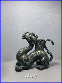 Chinese Bronze figurine Loong Inlays Gold&silver Dragon Statue Shaped Pedestal