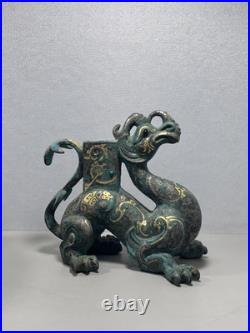 Chinese Bronze figurine Loong Inlays Gold&silver Dragon Statue Shaped Pedestal