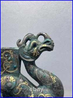 Chinese Bronze figurine Loong Inlays Gold&silver Dragon Statue Shaped Pedestal