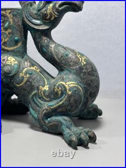 Chinese Bronze figurine Loong Inlays Gold&silver Dragon Statue Shaped Pedestal