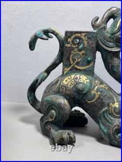 Chinese Bronze figurine Loong Inlays Gold&silver Dragon Statue Shaped Pedestal