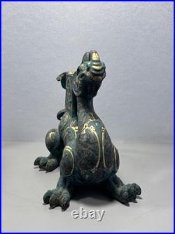 Chinese Bronze figurine Loong Inlays Gold&silver Dragon Statue Shaped Pedestal