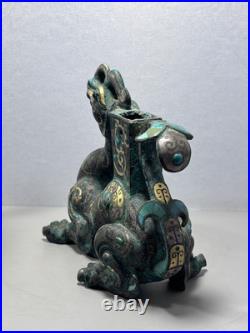 Chinese Bronze figurine Loong Inlays Gold&silver Dragon Statue Shaped Pedestal