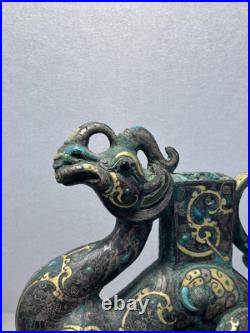 Chinese Bronze figurine Loong Inlays Gold&silver Dragon Statue Shaped Pedestal