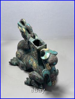 Chinese Bronze figurine Loong Inlays Gold&silver Dragon Statue Shaped Pedestal