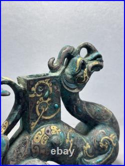 Chinese Bronze figurine Loong Inlays Gold&silver Dragon Statue Shaped Pedestal