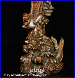Chinese Buddhism Boxwood wood Carved Dragon Fish Kwan-yin Guan Yin Buddha Statue