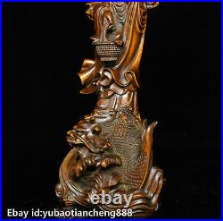 Chinese Buddhism Boxwood wood Carved Dragon Fish Kwan-yin Guan Yin Buddha Statue