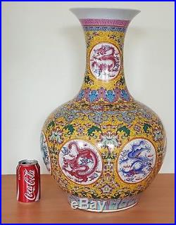 Chinese Cantonese vintage Art Deco oriental antique huge yellow dragon vase