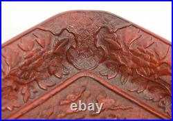Chinese Carved Cinnabar Rectangular Decorative Dragon Tray, 7 1/2 x 12 1/8