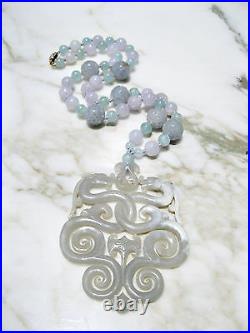 Chinese Carved Lavender Jadeite Aquamarine Necklace W Archiac Dragon Pendant 14k