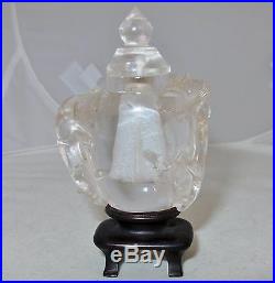 Chinese Carved Rock Crystal Quartz Snuff Bottle with CHILONG Baby Dragons & Stand