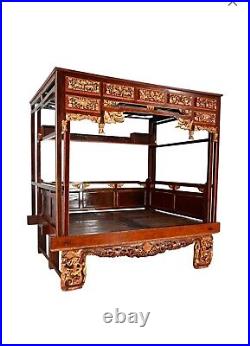 Chinese Carved Wedding Bed, Qing Dynasty, circa 1880 gilded dragons & opium