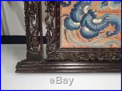 Chinese Carved Wood Dragon Table Screen with Silk Embroidery 56396