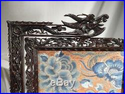 Chinese Carved Wood Dragon Table Screen with Silk Embroidery 56396