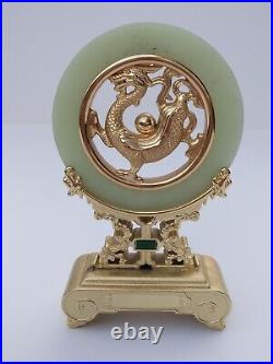 Chinese Celadon Jade Bi Disc On Gold Plated Stand Dragon Plaque