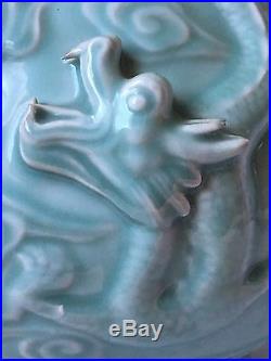 Chinese Celadon Porcelain Vase Urn Dragon Relief w Phoenix Bird Handles Huge 16
