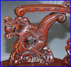 Chinese Circa 1870 Qing Dynasty Carved Rosewood Dragon & Lion Foo Dogs Armchair