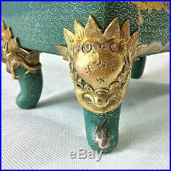 Chinese Cloisonne Censer Incense Burner 5 Toed Imperial 2 Dragon Yellow Turquoi