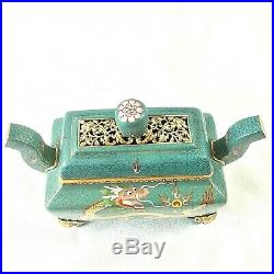 Chinese Cloisonne Censer Incense Burner 5 Toed Imperial 2 Dragon Yellow Turquoi
