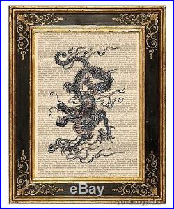 Chinese Dragon Art Print on Antique Book Page Vintage Illustration Asian Myth