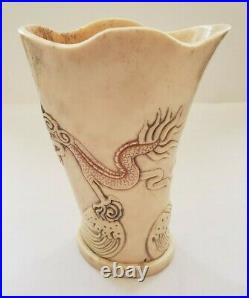 Chinese Dragon Brush Pot Hand Carved Water Buffalo Horn 3 of 3 2843
