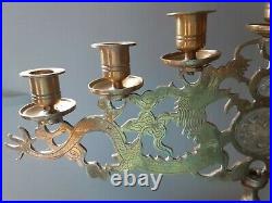 Chinese Dragon Etched Brass 7 light Candelabra withJade Medallions Inserts Menorah