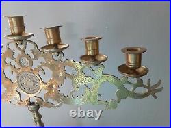 Chinese Dragon Etched Brass 7 light Candelabra withJade Medallions Inserts Menorah
