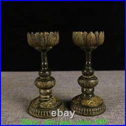 Chinese Dynasty Bronze Gilt Dragon Phoenix Lotus Candle Holder Candlestick Pair