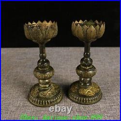 Chinese Dynasty Bronze Gilt Dragon Phoenix Lotus Candle Holder Candlestick Pair