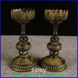 Chinese Dynasty Bronze Gilt Dragon Phoenix Lotus Candle Holder Candlestick Pair