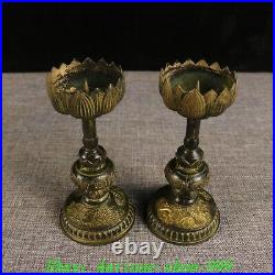 Chinese Dynasty Bronze Gilt Dragon Phoenix Lotus Candle Holder Candlestick Pair