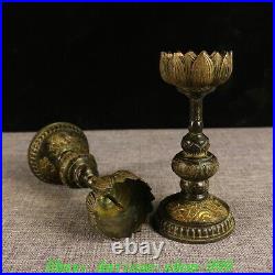 Chinese Dynasty Bronze Gilt Dragon Phoenix Lotus Candle Holder Candlestick Pair