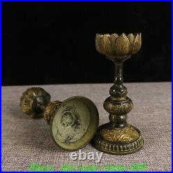 Chinese Dynasty Bronze Gilt Dragon Phoenix Lotus Candle Holder Candlestick Pair