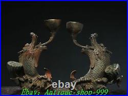 Chinese Dynasty Bronze Gilt Fengshui Dragon Fish Candle holder candlestick Pair