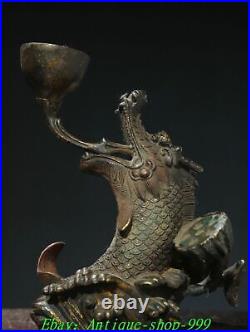 Chinese Dynasty Bronze Gilt Fengshui Dragon Fish Candle holder candlestick Pair