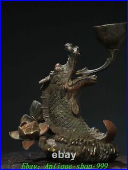 Chinese Dynasty Bronze Gilt Fengshui Dragon Fish Candle holder candlestick Pair