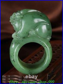 Chinese Dynasty Natural Green Jade Carve Dragon Pixiu Beast Ring Amulet Pendant